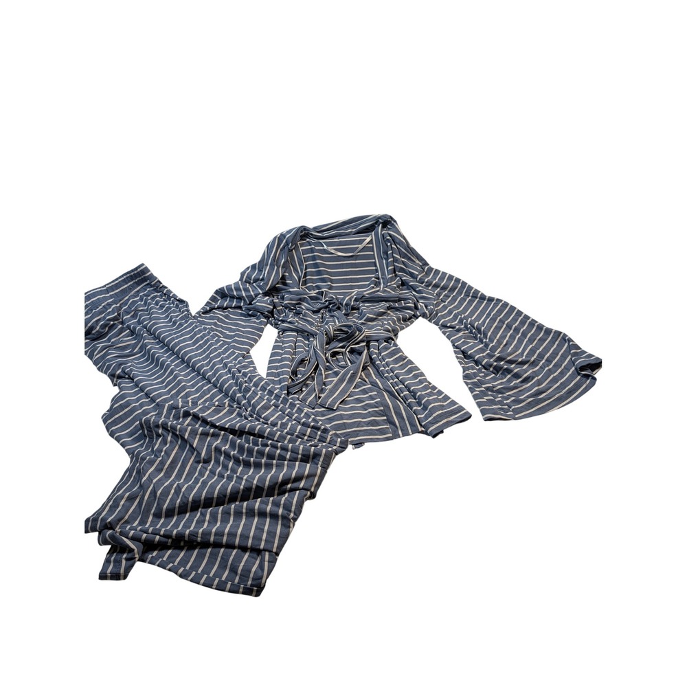 State of Day Women Pajama Set L Blue White Striped Bell Sleeve Loungewear